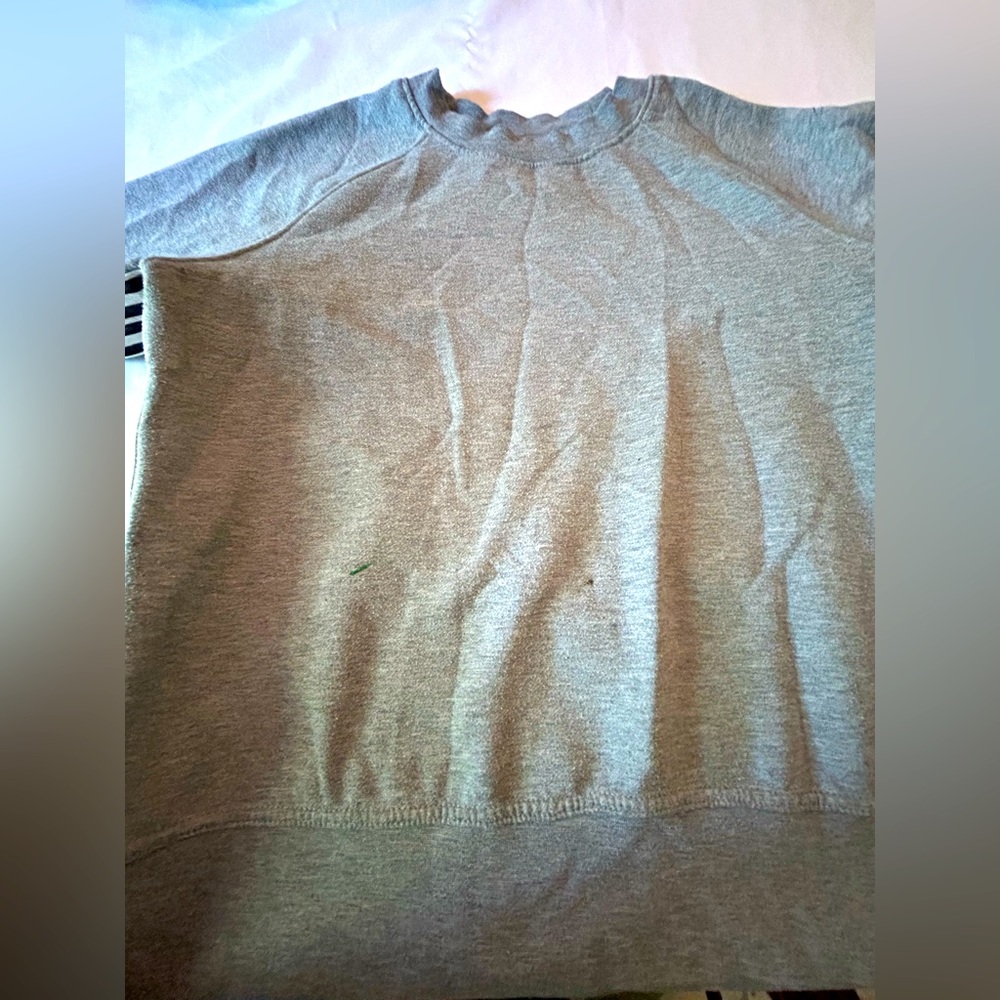 Gray scoop neck sweater with white and black stipes